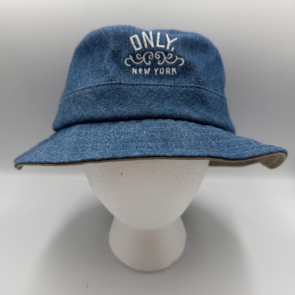 Only NY Bucket Hat Blue Denim Tan Khaki Embroidered Logo‎ M/L